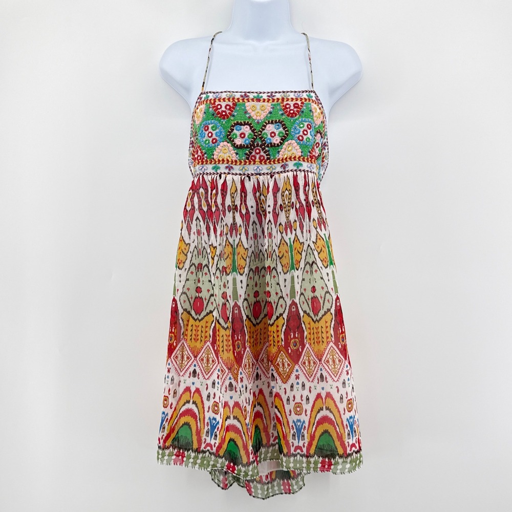 Zara Embroidered Sequin Mini Dress M Boho Ikat Open Back Sundress Repair PROJECT